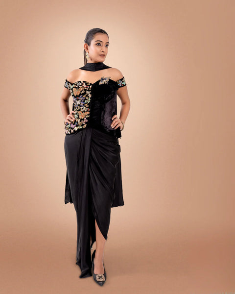 "Moth & Myth" Draped Skirt & Off-Shoulder Corset Blouse