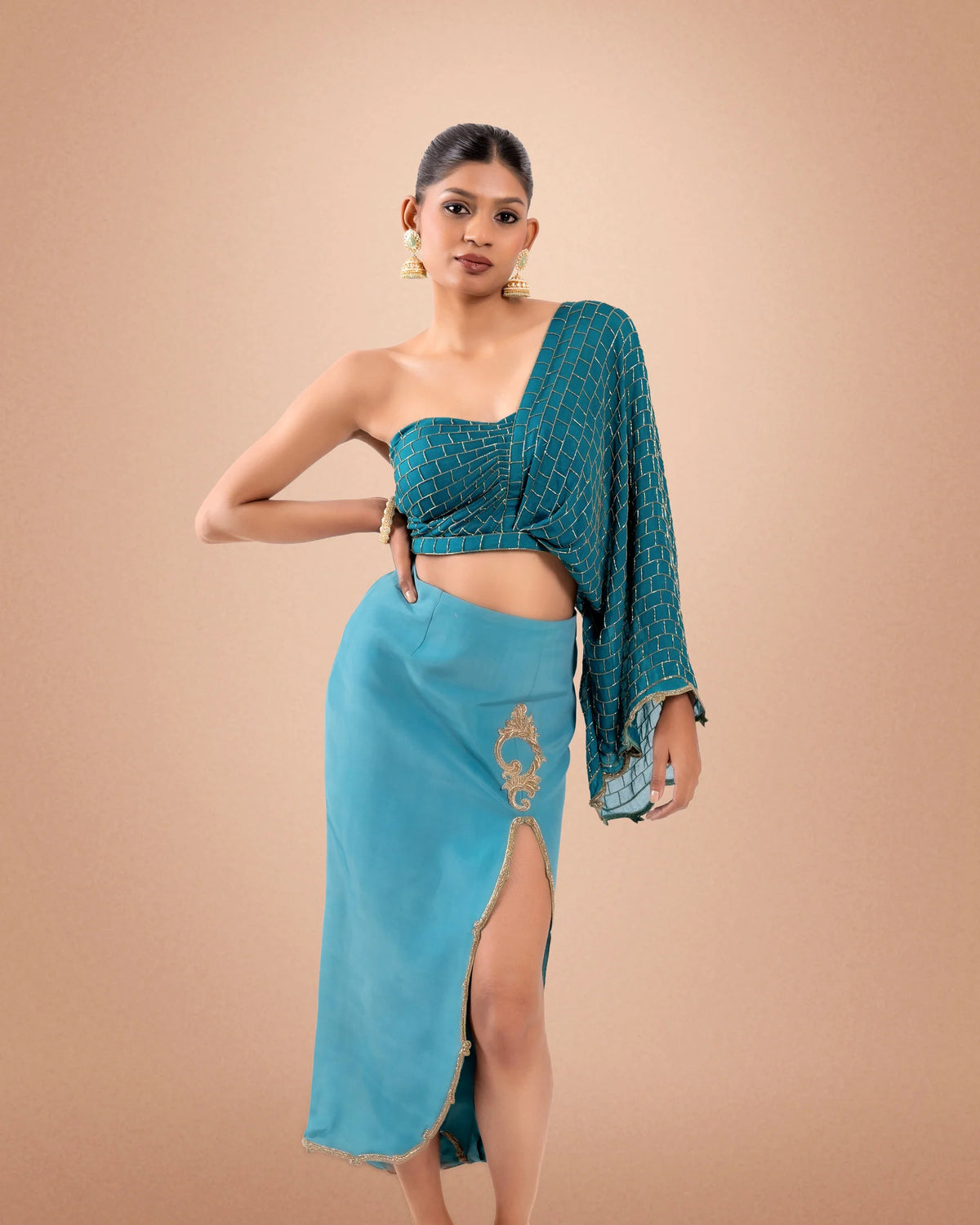 Teal Green Hand Embroidered Top and Skirt