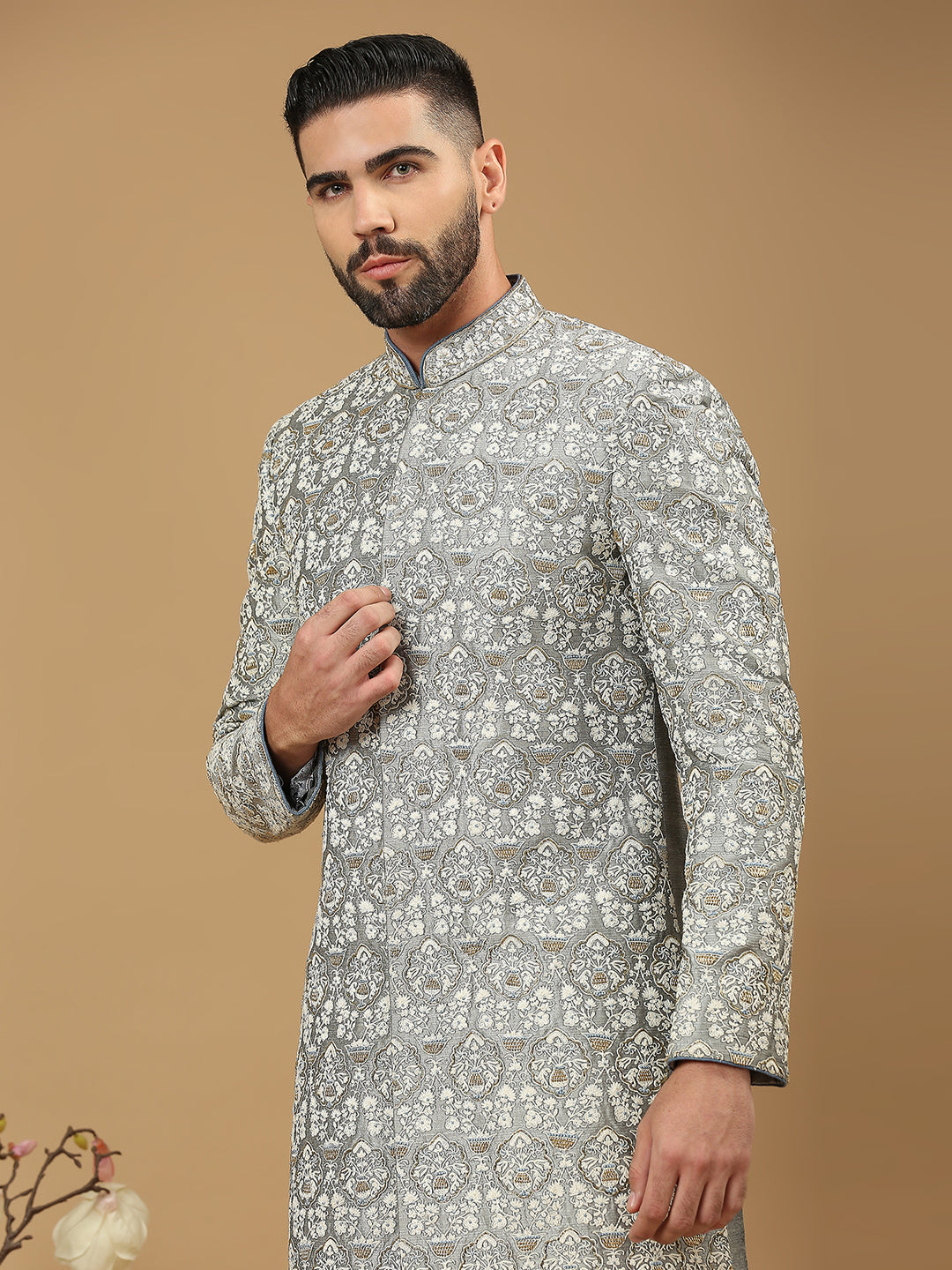 Grey Dupion Silk Embroidered Sherwani Set