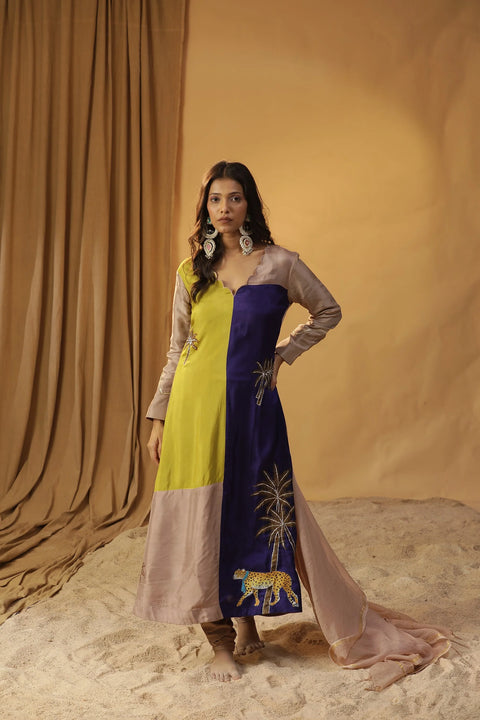 Blue Block Print Leopard Scarf Suit Set