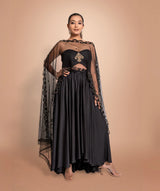 Black Hand Embroidered Satin Anarkali With Net Dupatta