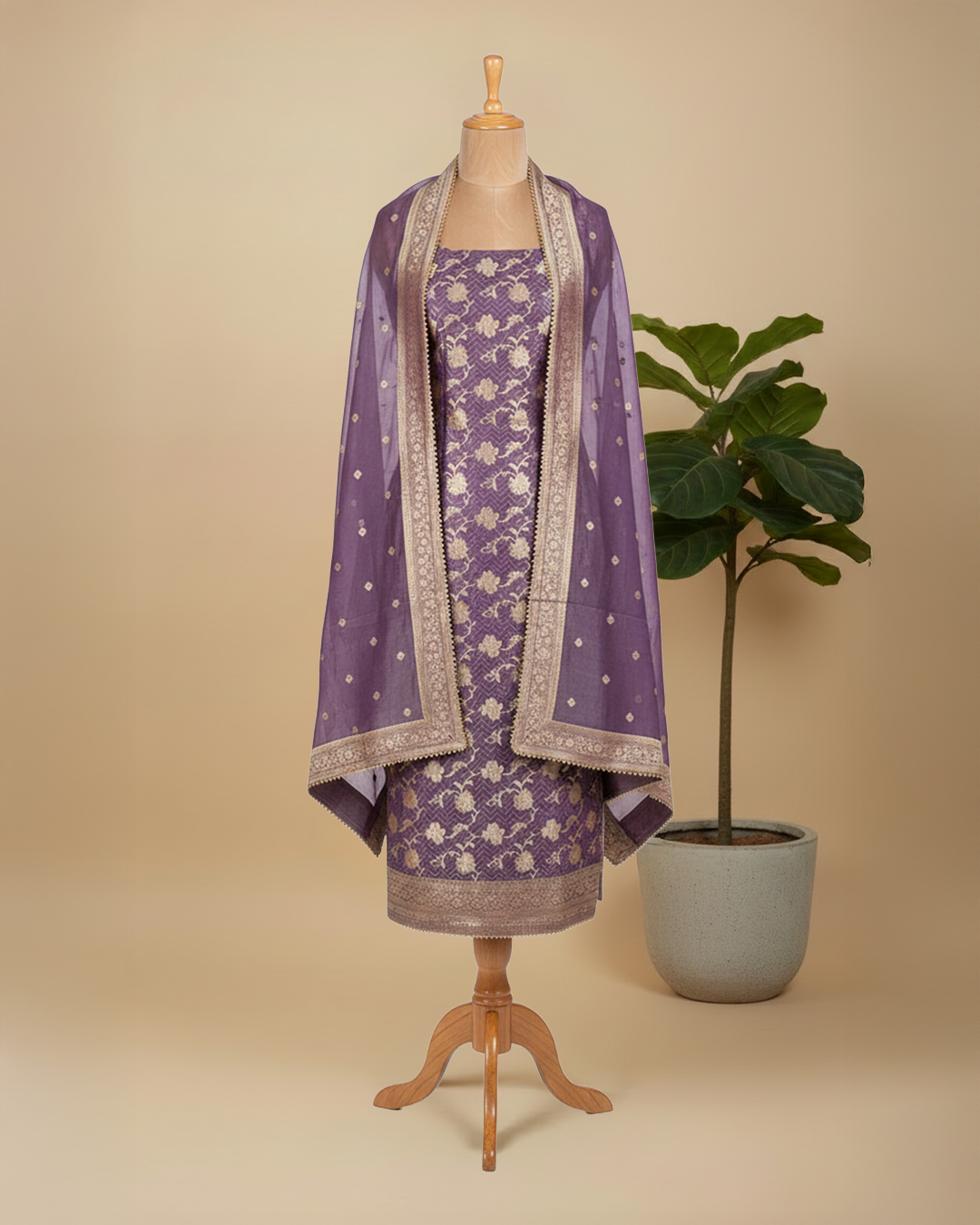 Banarsi Silk Suit With All Over Zari Weaving Work