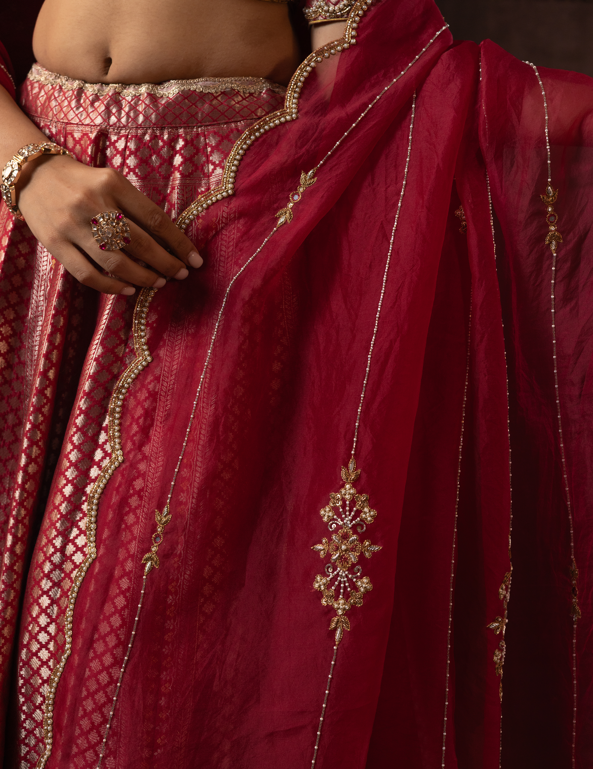 Cherry Pink Zardozi Banarasi Silk Lehenga Set