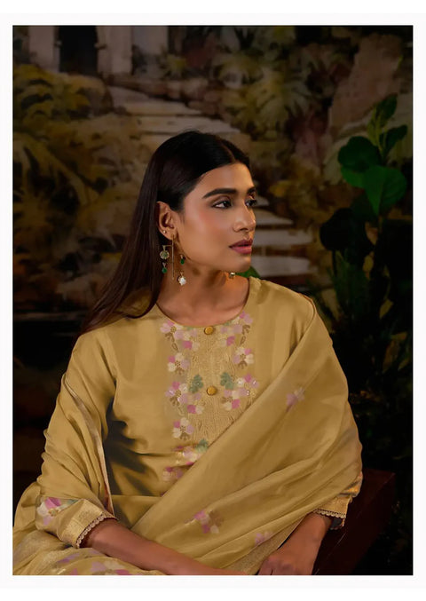 Silk Jacquard Suit With Hand Work And Zari Lace Detailing