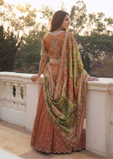 Metallic Red & Green Mochi Work Kanjiwaram Tissue Lehenga Set