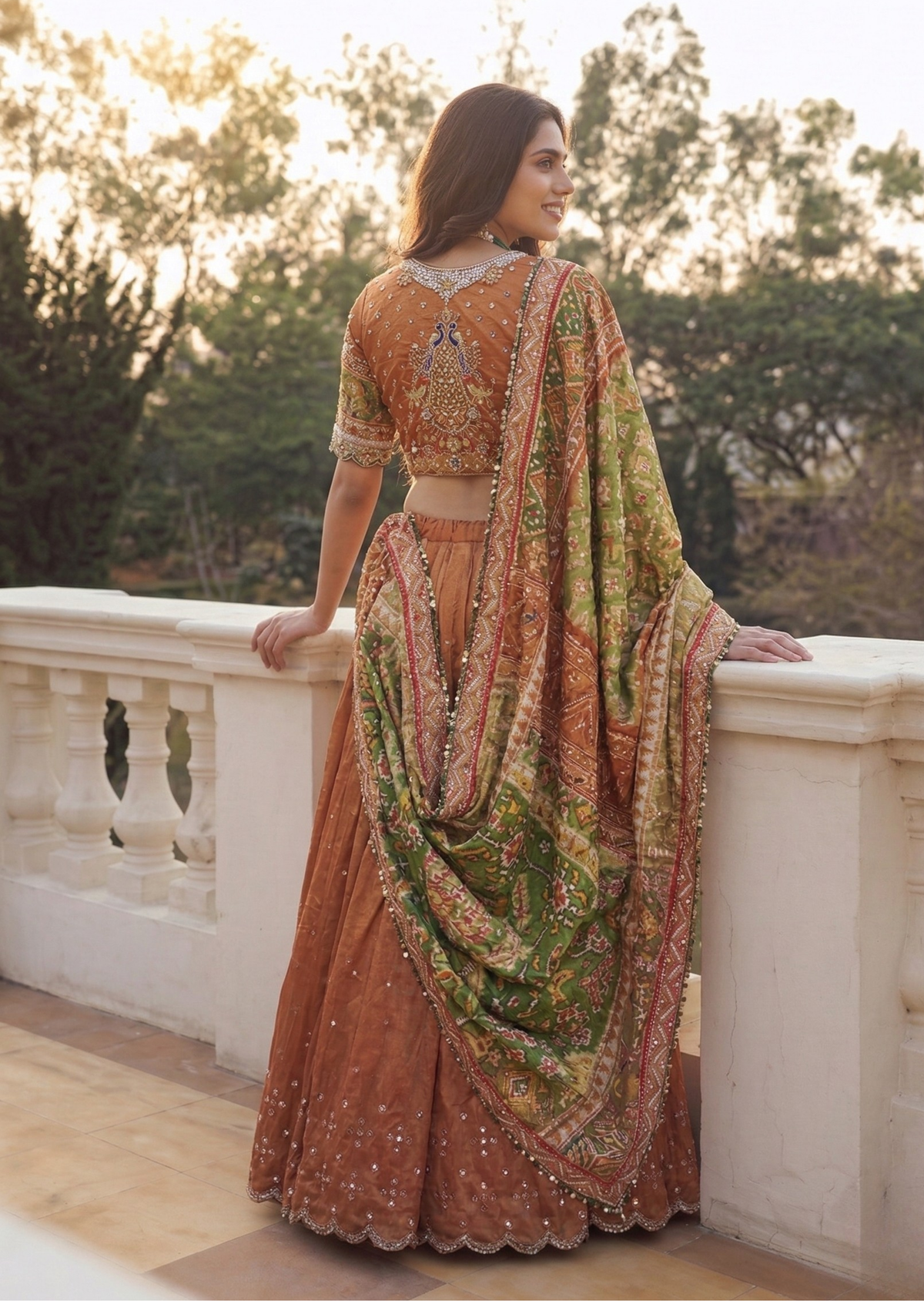 Metallic Red & Green Mochi Work Kanjiwaram Tissue Lehenga Set