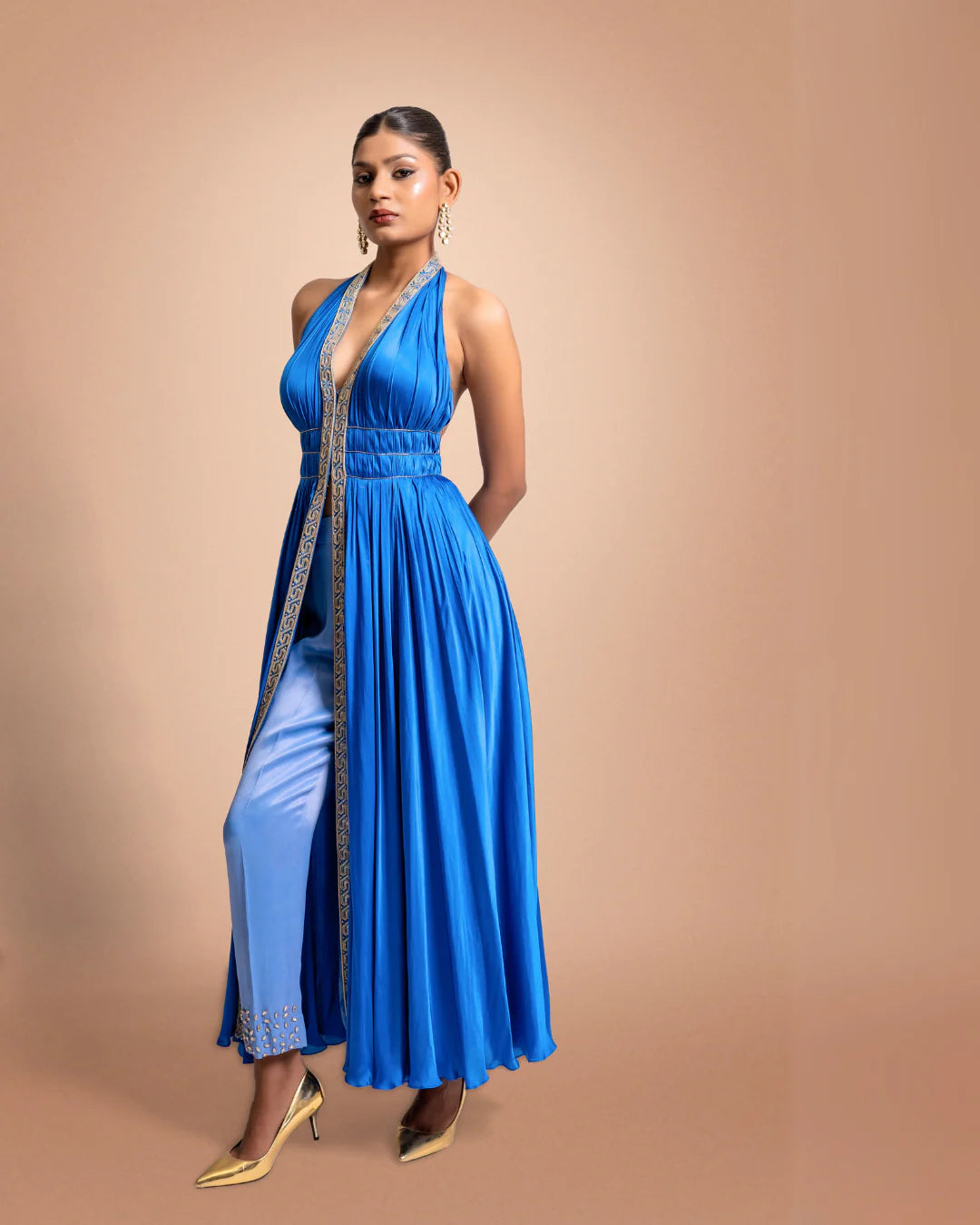 Blue Hand Embroidered Satin Cape Dress With Pants