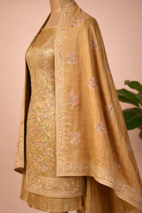 Pure Tussar Silk Suit With All Over Threadwork And Pure Chinnon Dupatta