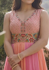 Salmon Pink Resham Work 4D Dupion Silk Gown