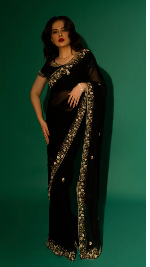 Black Hand Embroidered Saree Organza And Matching Floral Embroidered Blouse -Set of 2