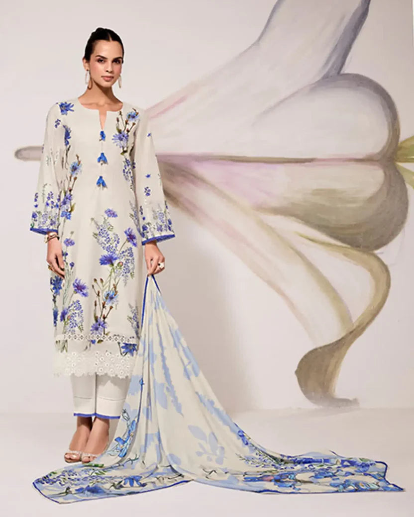 Pure Cotton Lawn Suit With Resham Embroidery Appliqué, Crochet Hemline And Handcrafted Buttons