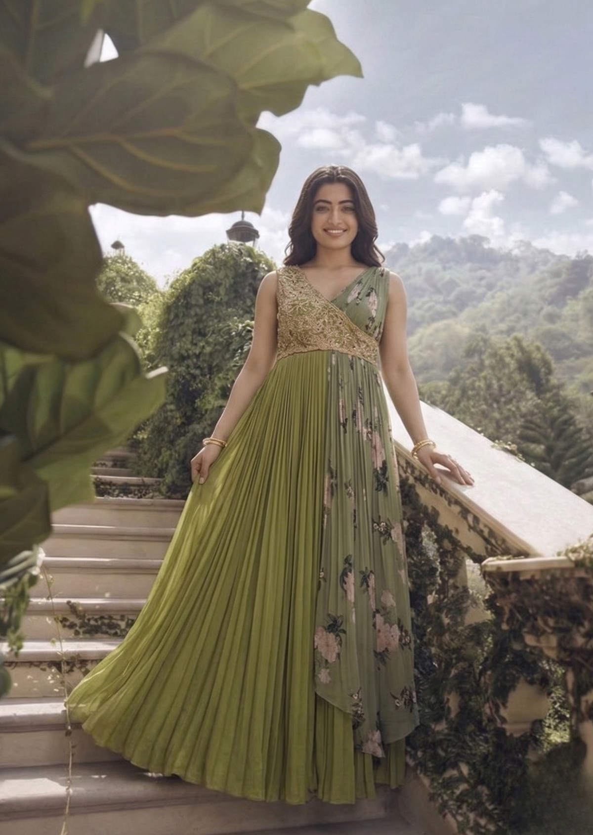 Fern Green Cut Work Crape Silk Gown