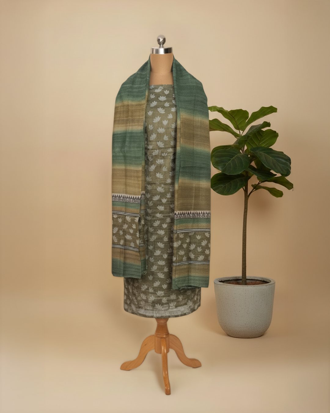 Pure Matka Silk Suit With All Over Block Print work