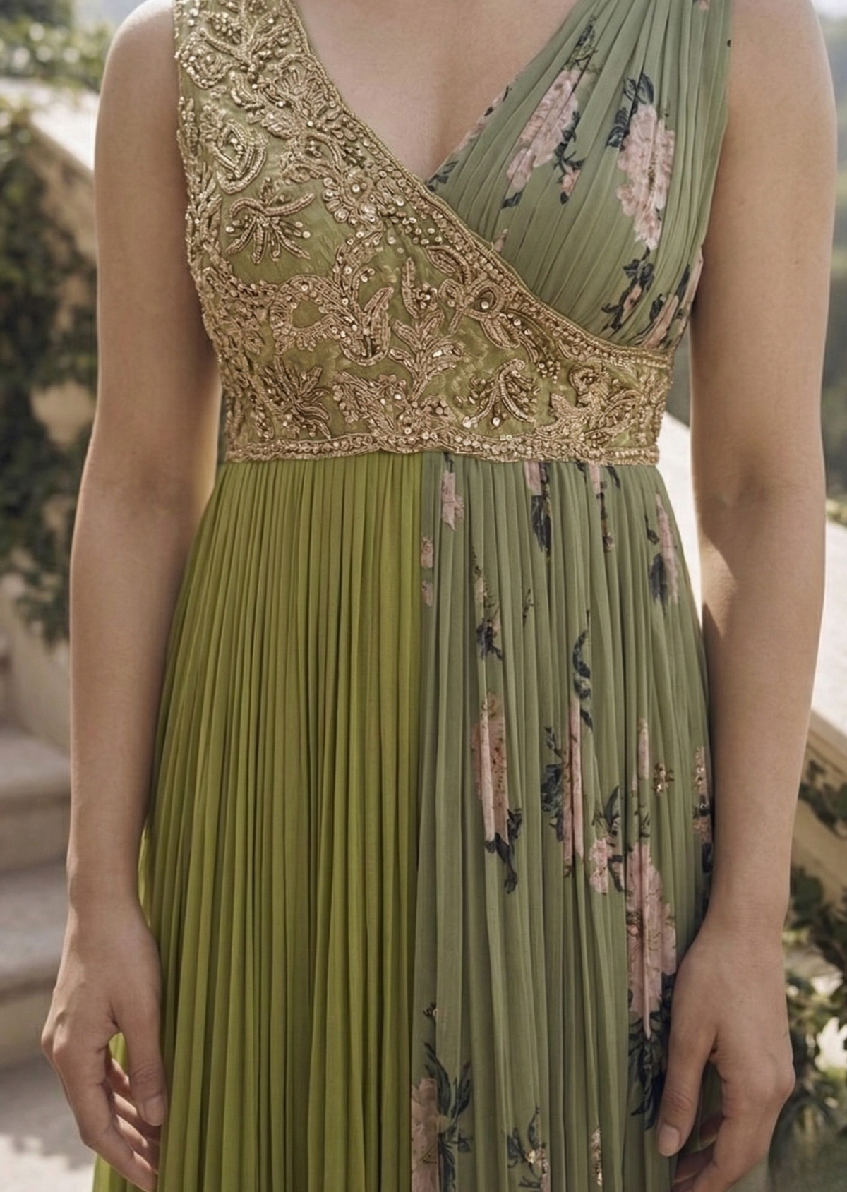 Fern Green Cut Work Crape Silk Gown