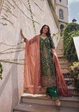 Green & Tomato Red Zardozi Banarasi Brocade Straight Cut Kurta Set
