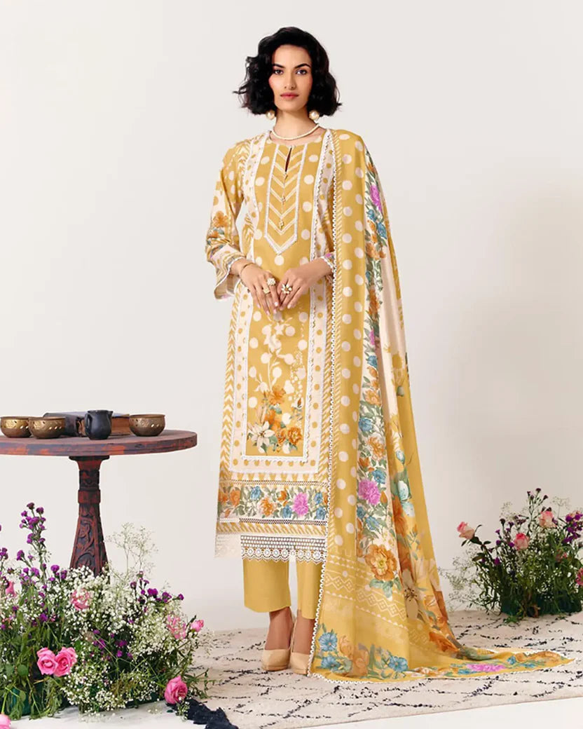 Pure Cotton Lawn Suit With Crochet Detailing (Front, Hem, Sleeves) & Pearl Buttons