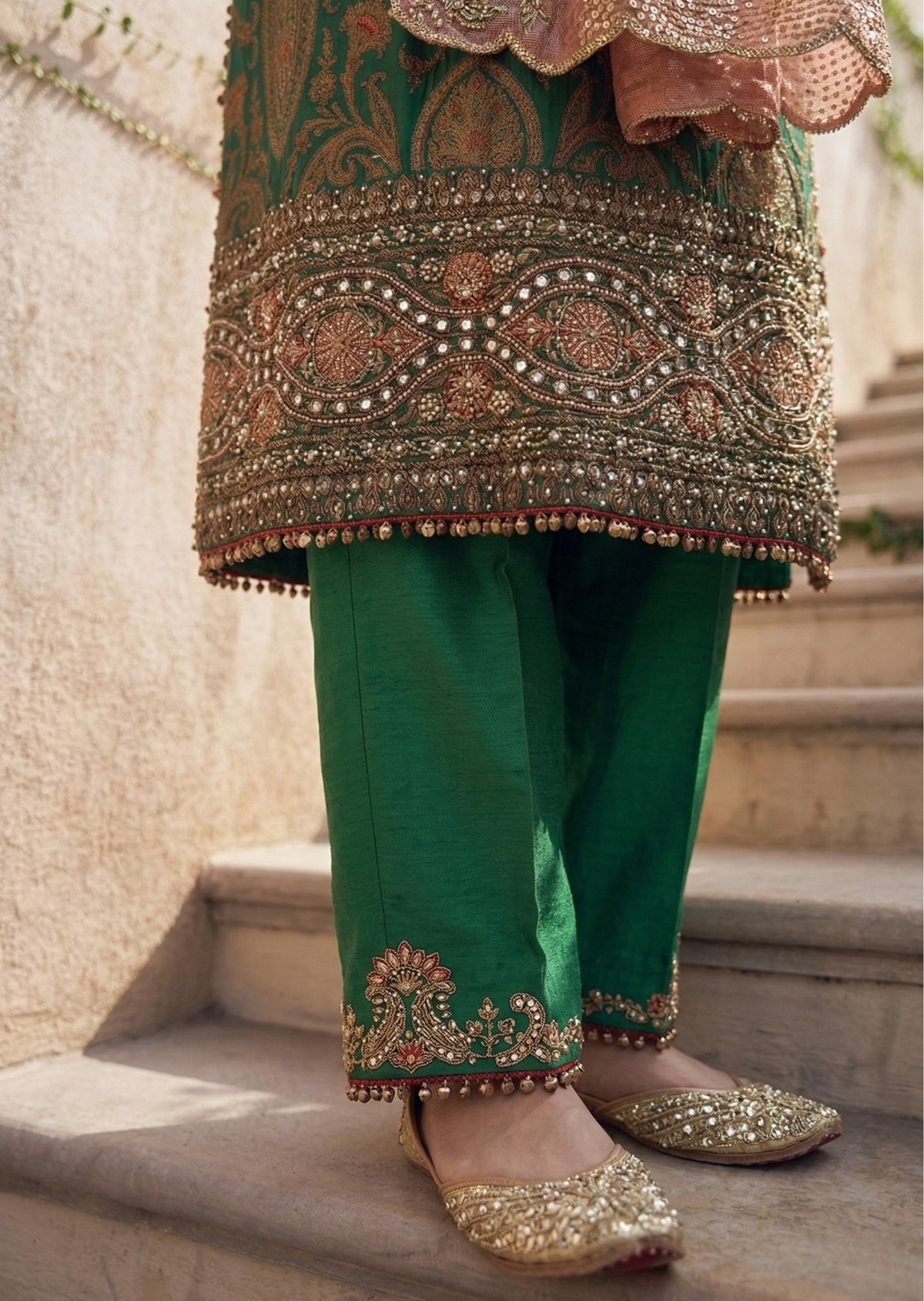 Green & Tomato Red Zardozi Banarasi Brocade Straight Cut Kurta Set