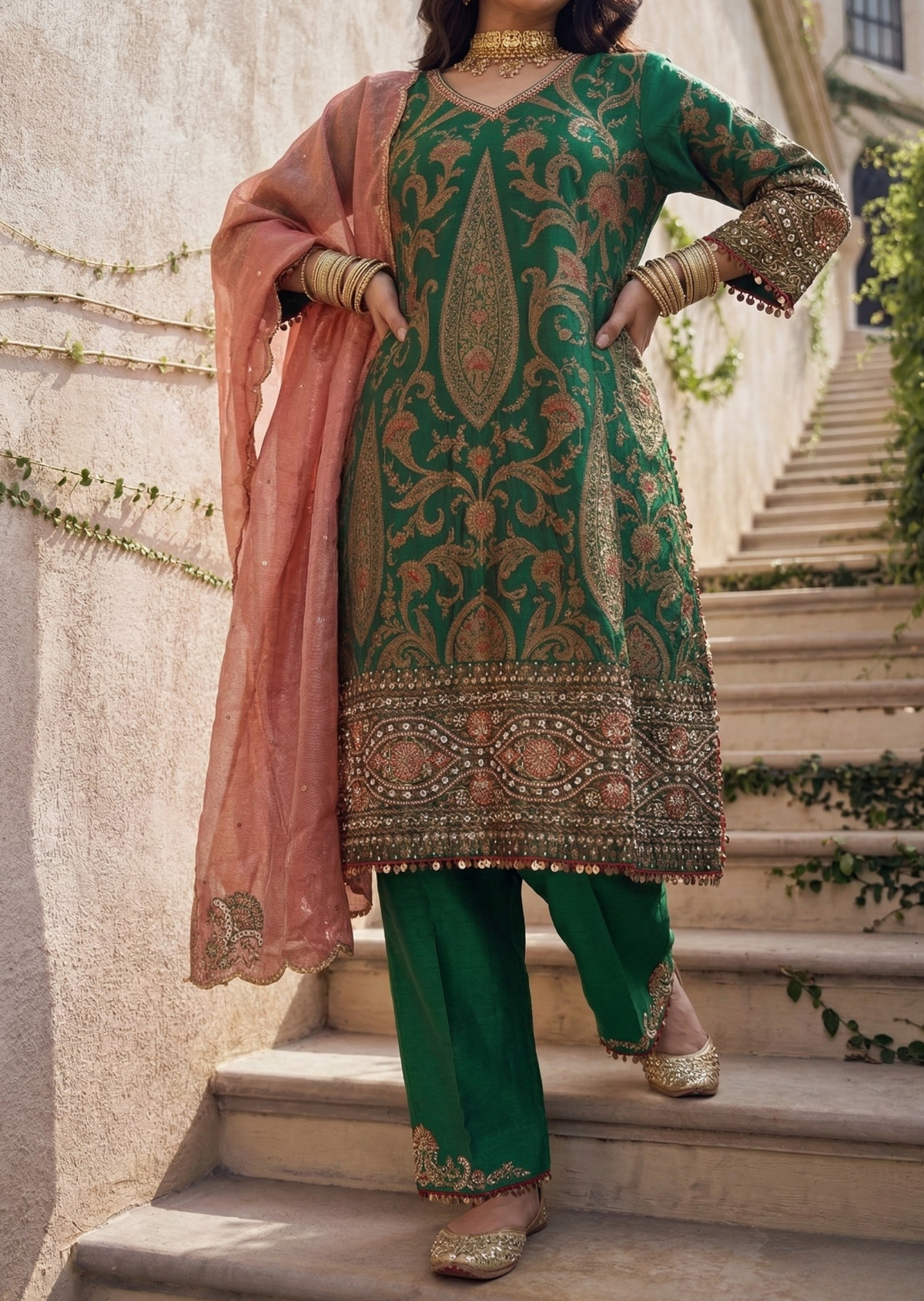 Green & Tomato Red Zardozi Banarasi Brocade Straight Cut Kurta Set
