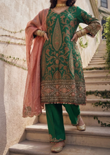 Green & Tomato Red Zardozi Banarasi Brocade Straight Cut Kurta Set