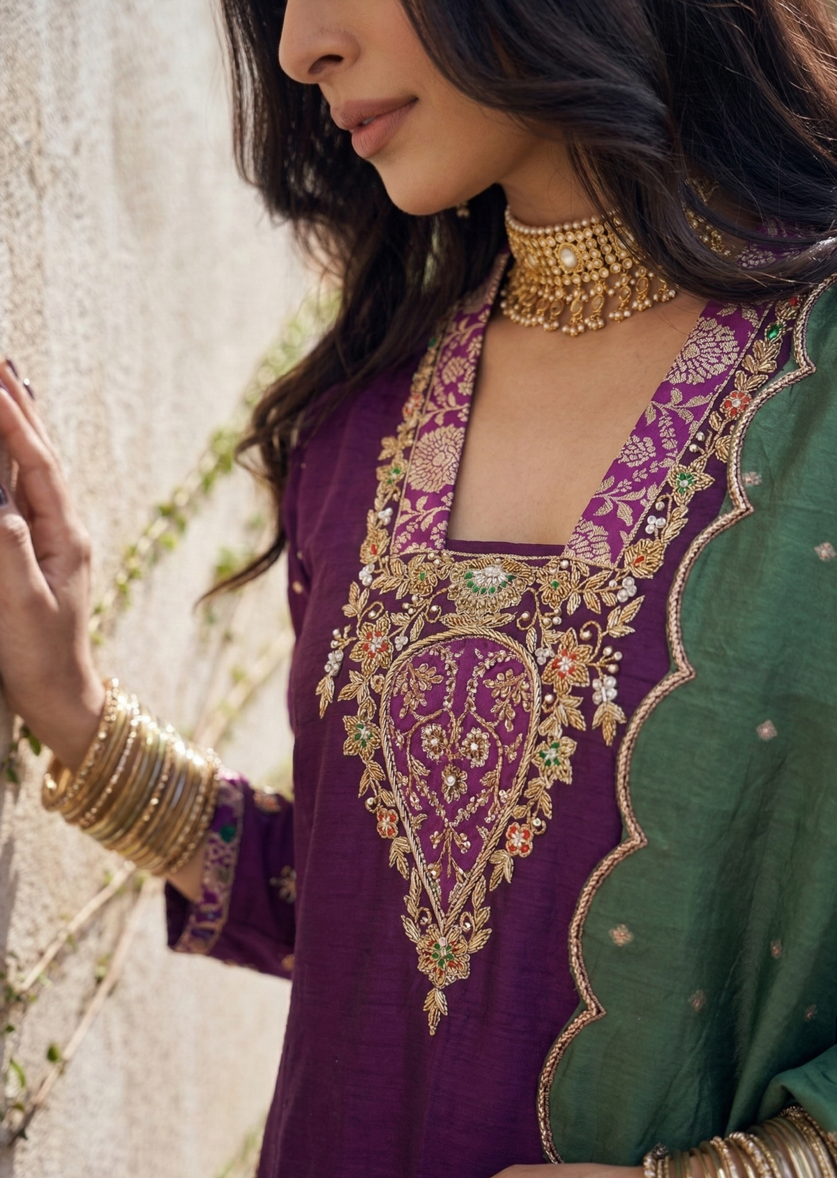 Violet & Green Appliqué Zardozi Banarasi Brocade Straight Cut Kurta Set