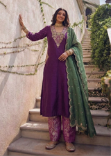 Violet & Green Appliqué Zardozi Banarasi Brocade Straight Cut Kurta Set