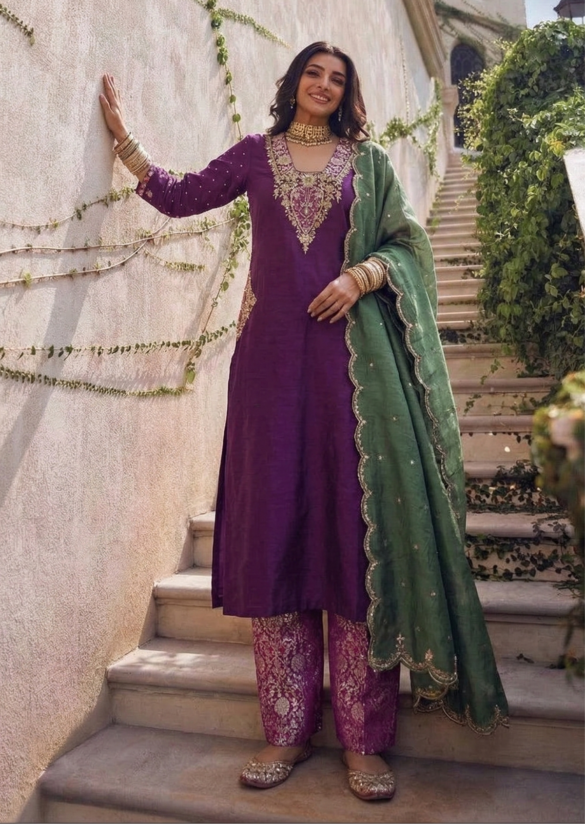 Violet & Green Appliqué Zardozi Banarasi Brocade Straight Cut Kurta Set
