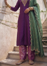 Violet & Green Appliqué Zardozi Banarasi Brocade Straight Cut Kurta Set