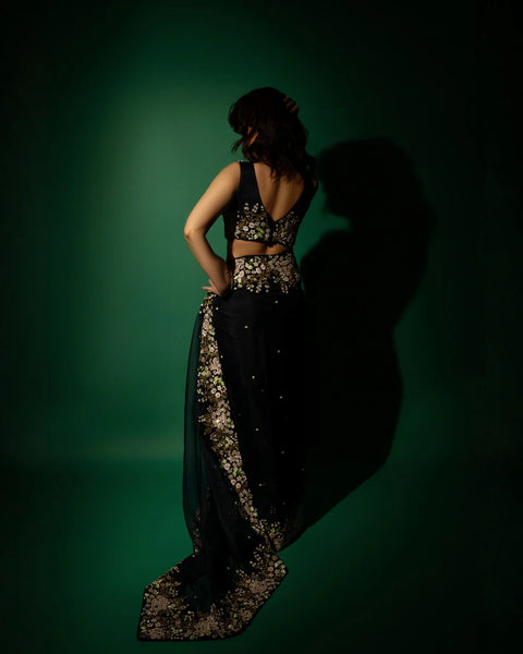 Dark Blue Silk Organza Zardozi Sequins Saree With Bead Handwork And Matching Floral Blouse