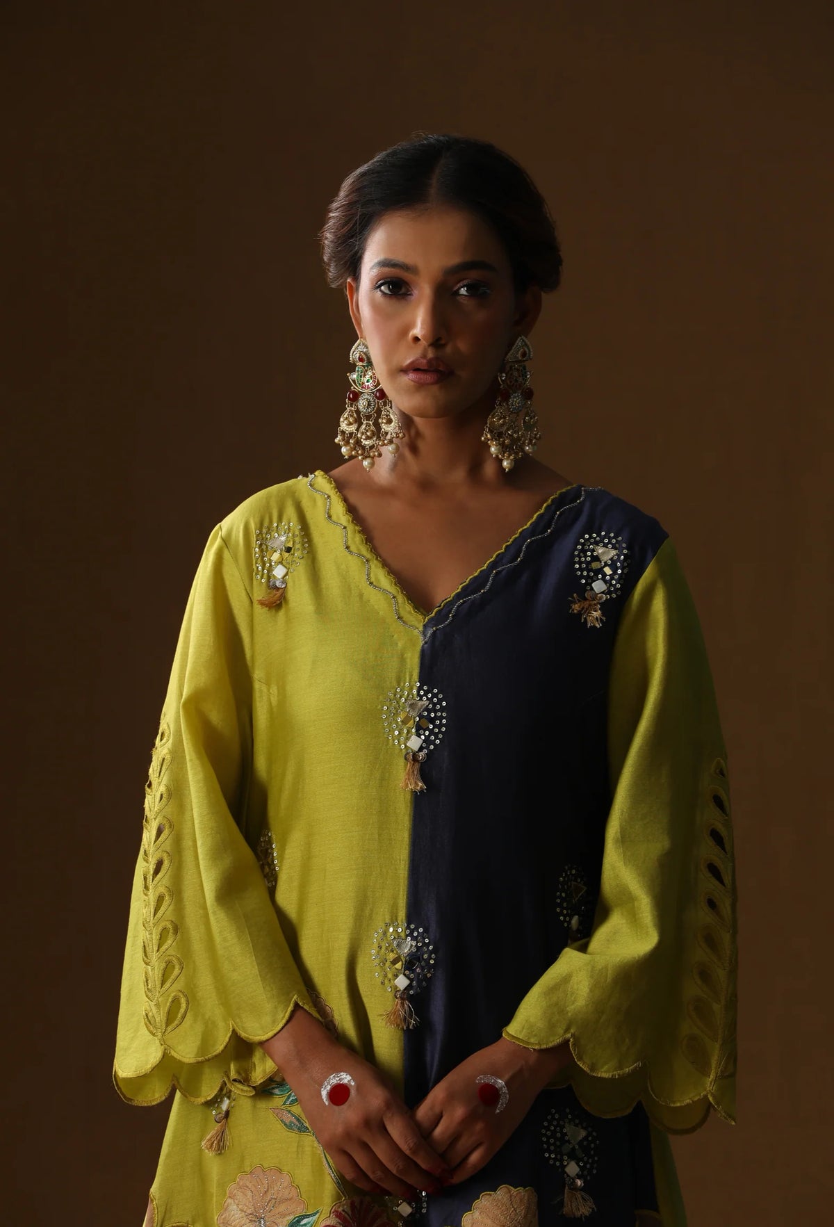 Half And Half Blue Lime Green kurta set