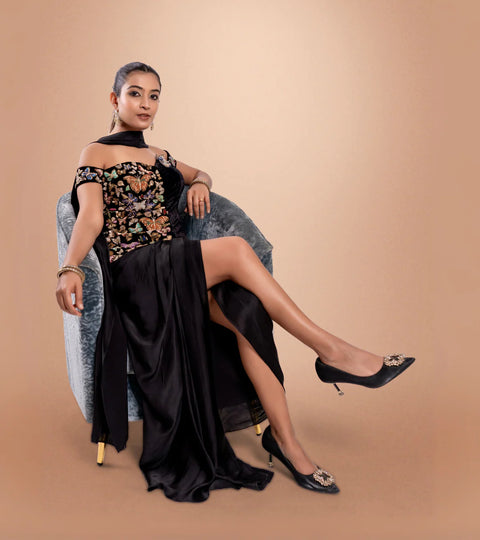 "Moth & Myth" Draped Skirt & Off-Shoulder Corset Blouse