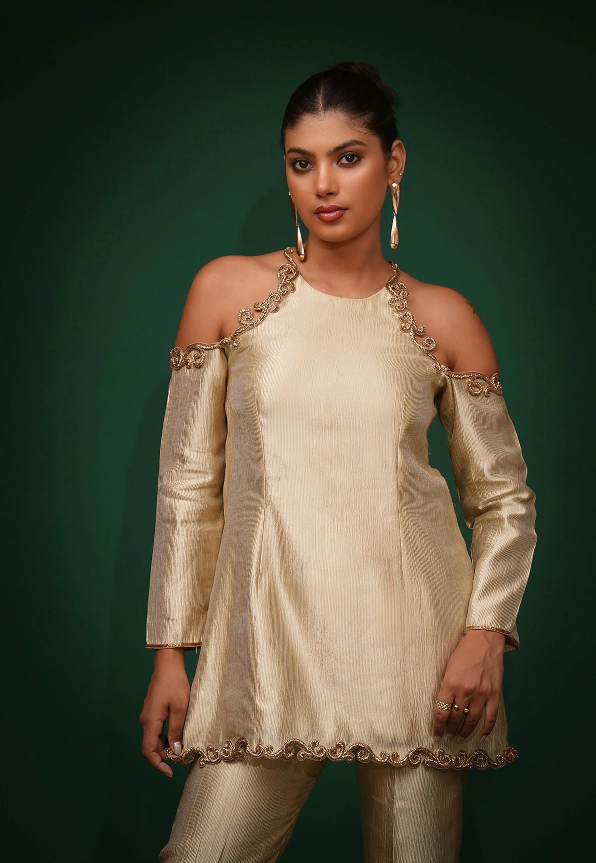 Green Hand Embroidred Cut-Shoulder Co-Ord Set