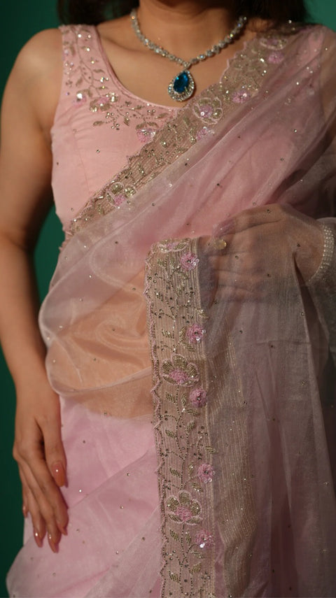Baby Pink Hand Embroidered Saree Organza And Matching Floral Embroidered Blouse - Set of 2