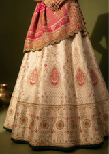 Ivory & Rani Pink Zardozi Handwoven Banarasi Silk Lehenga Set