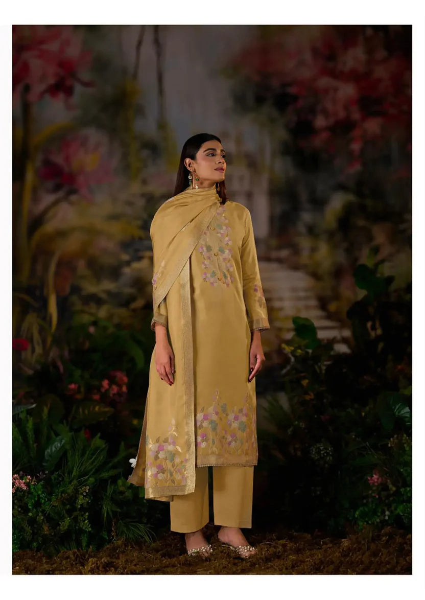 Silk Jacquard Suit With Hand Work And Zari Lace Detailing