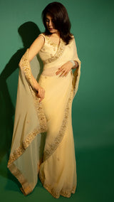 Yellow Hand Embroidered Saree Organza And Matching Floral Embroidered Blouse