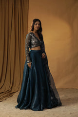 Navy Blue Organza Lehenga Set