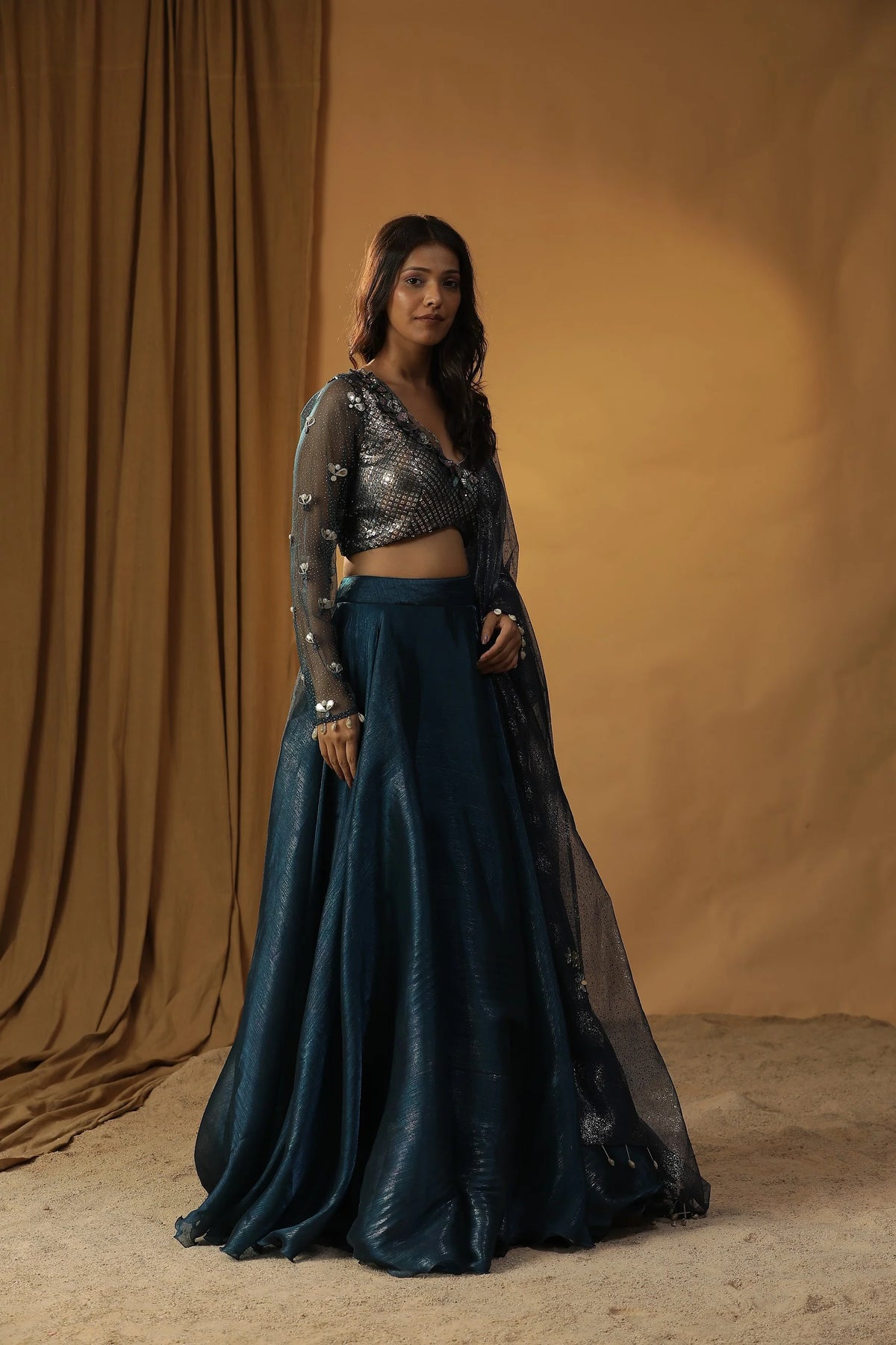 Navy Blue Organza Lehenga Set