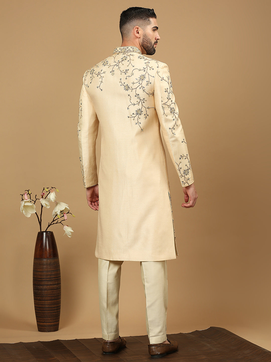 Biscuit Resham & Zardosi Embroidered Sherwani Set