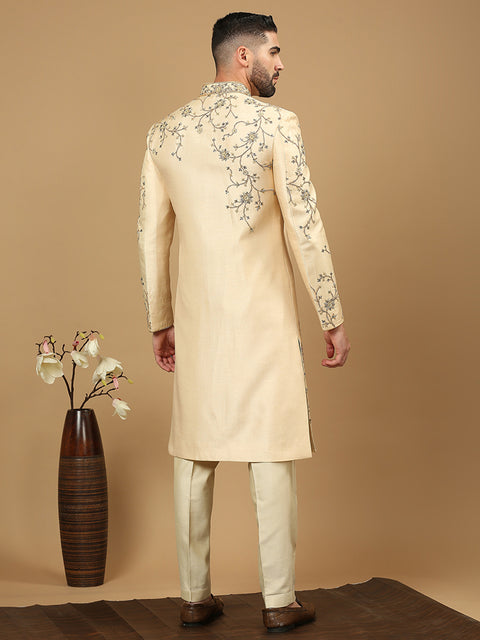 Biscuit Resham & Zardosi Embroidered Sherwani Set
