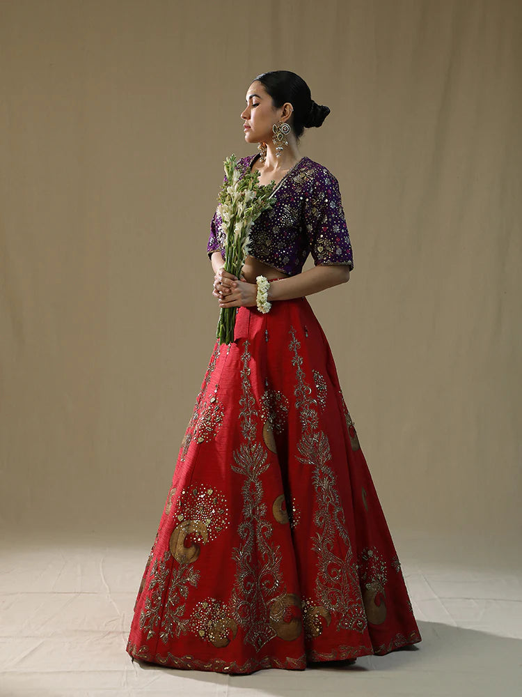Red Brushstroke Lehenga Set