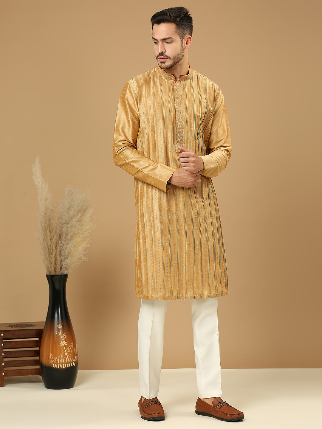 Gold Lachi Detail Silk Kurta Set