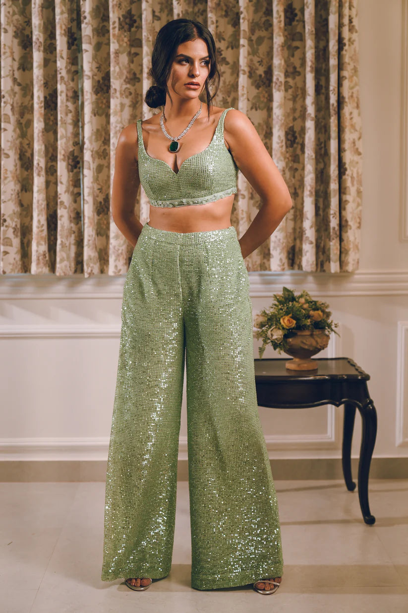 Pista Green Sequins Feather Embroidered Shrug Set