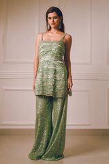 Pista Green Layered Sequins Kurta Pants Set