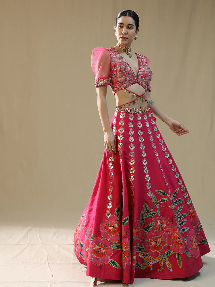 Pink Leopard Handpainted Lehenga Set
