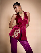 Maroon Hand Embroidered Blazer With Violet Pants