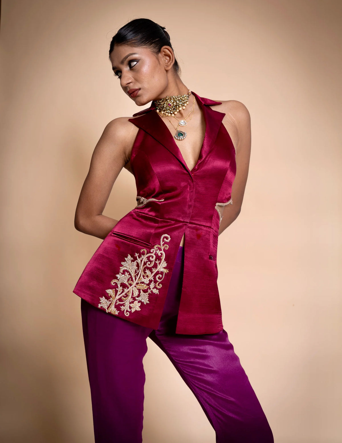 Maroon Hand Embroidered Blazer With Violet Pants