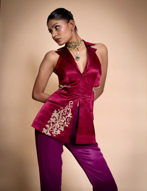 Maroon Hand Embroidered Blazer With Violet Pants