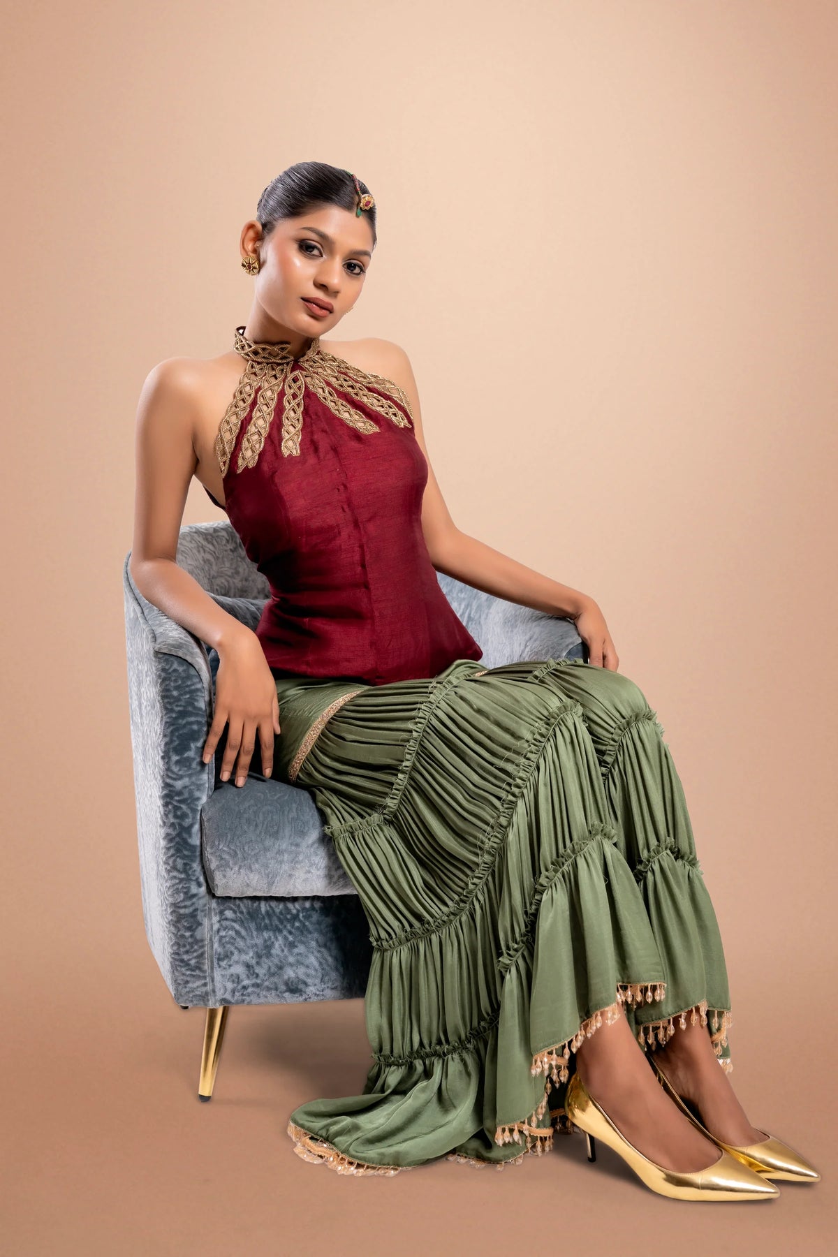 Maroon and Green Hand Embroidered Shara Set