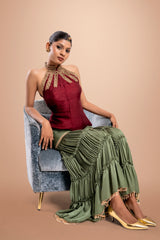 Maroon and Green Hand Embroidered Shara Set