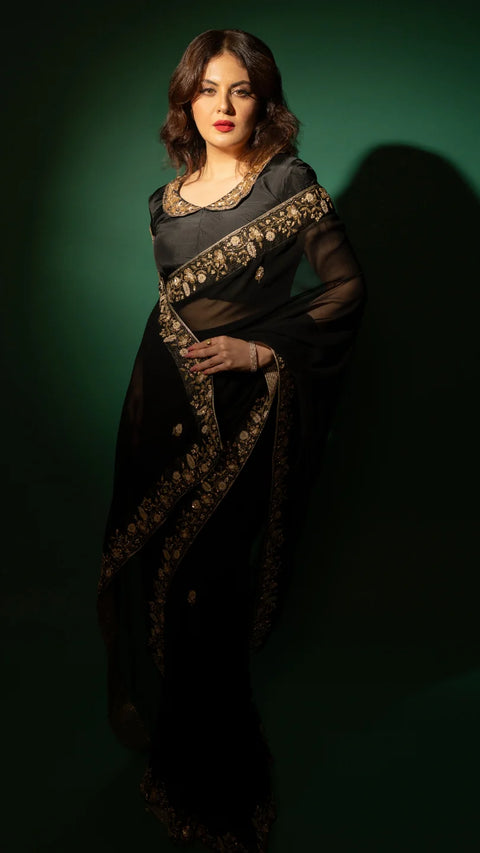 Black Hand Embroidered Saree Organza And Matching Floral Embroidered Blouse -Set of 2